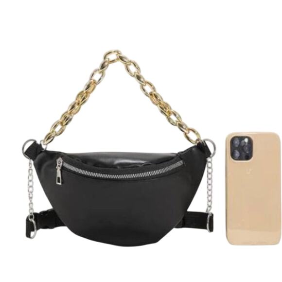 Glamor Fanny Pack Luxe SAFETY Bum Bag Gold CHAIN Preppy FANCY Sleek Chic BLACK - Picture 6 of 6